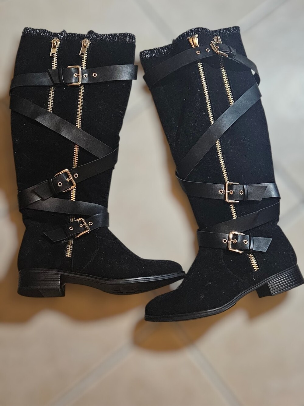 JustFab Black Over-the-Knee Buckle & Gold-Zipper Boots